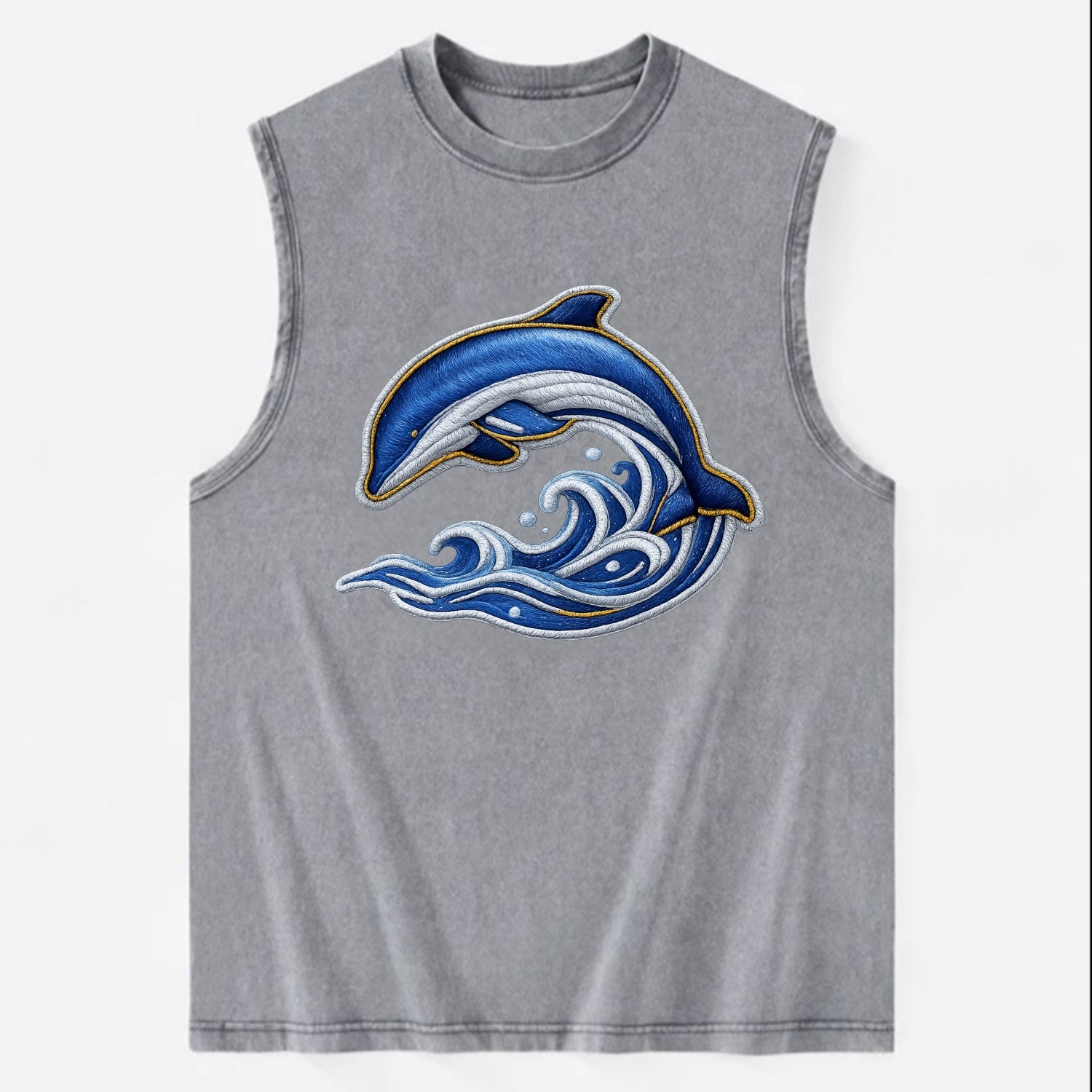 Embroidered patch design - SWIMMING DOLPHIN - diving dolphin with waves in - Vintage Washed Tank - Grey