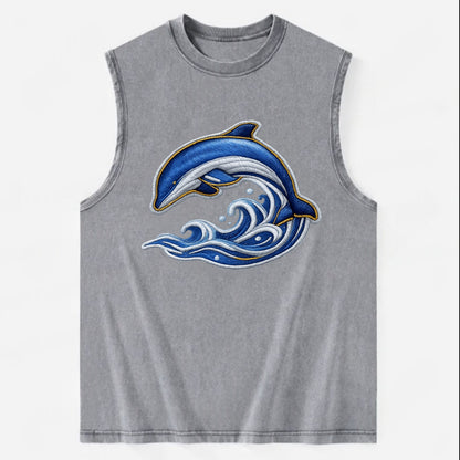 Embroidered patch design - SWIMMING DOLPHIN - diving dolphin with waves in - Vintage Washed Tank - Grey