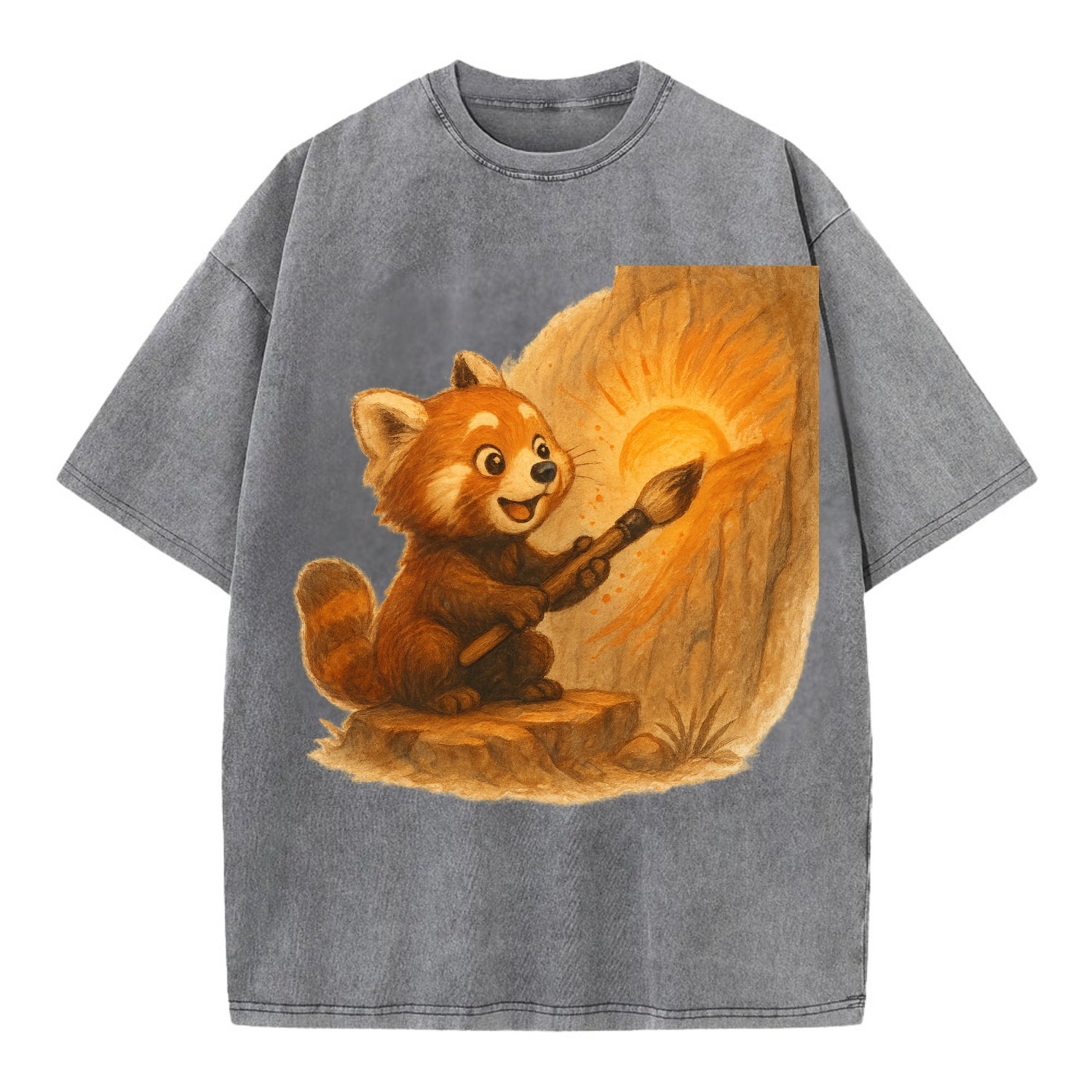 Red panda painting a sunrise mural with an oversized calligraphy brush on a cliff - Vintage T-shirt - Grey