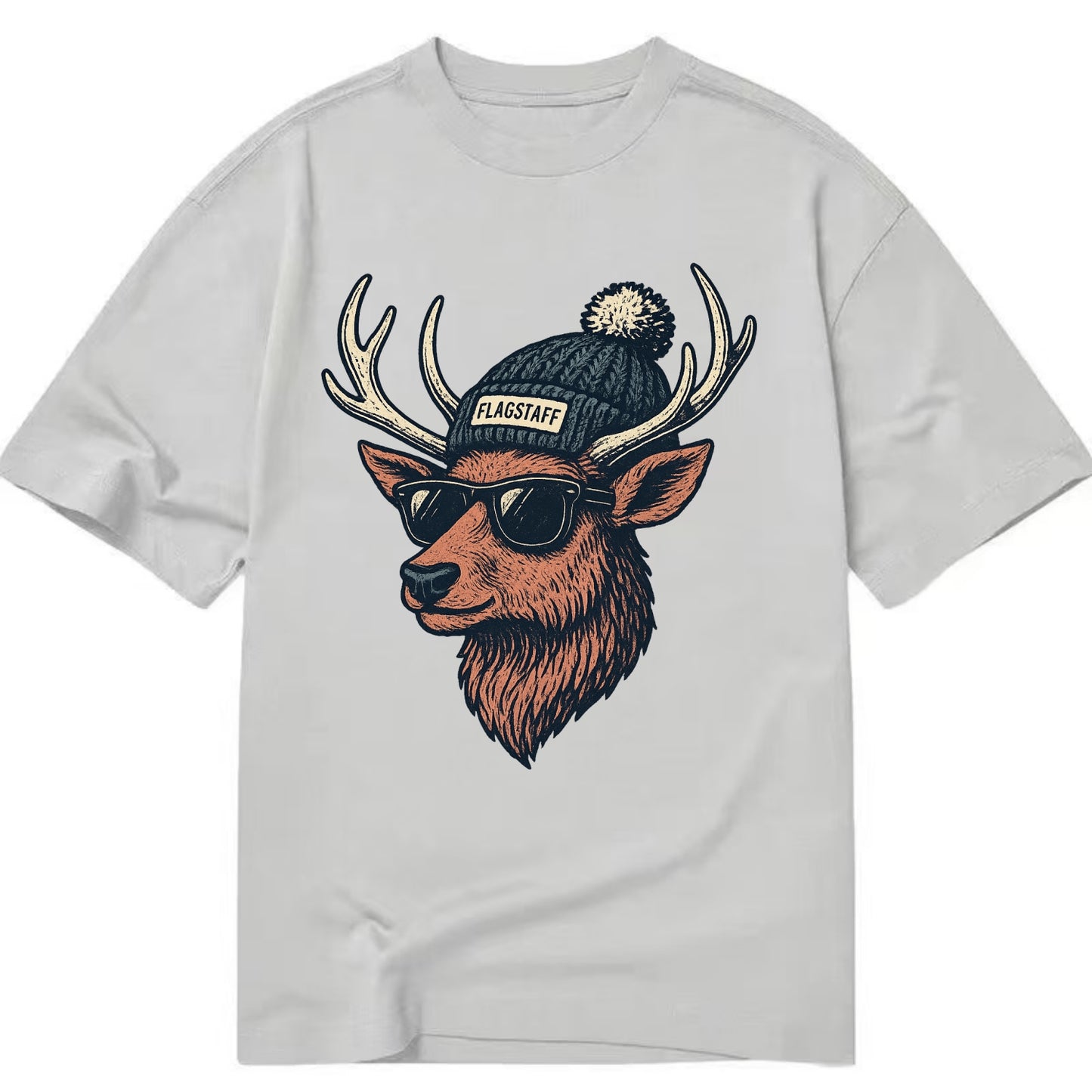 Flagstaff Elk wearing Flagstaff beanie with pom pom and wayfarer sunglasses - Classic T-shirt - Grey