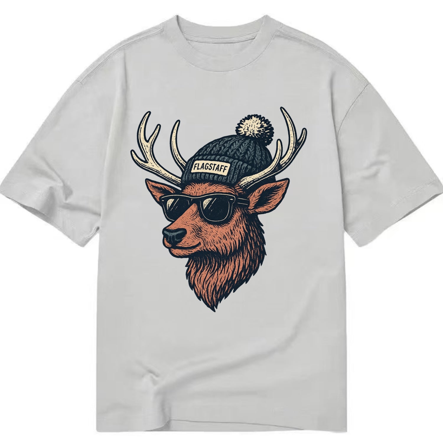 Flagstaff Elk wearing Flagstaff beanie with pom pom and wayfarer sunglasses - Classic T-shirt - Grey