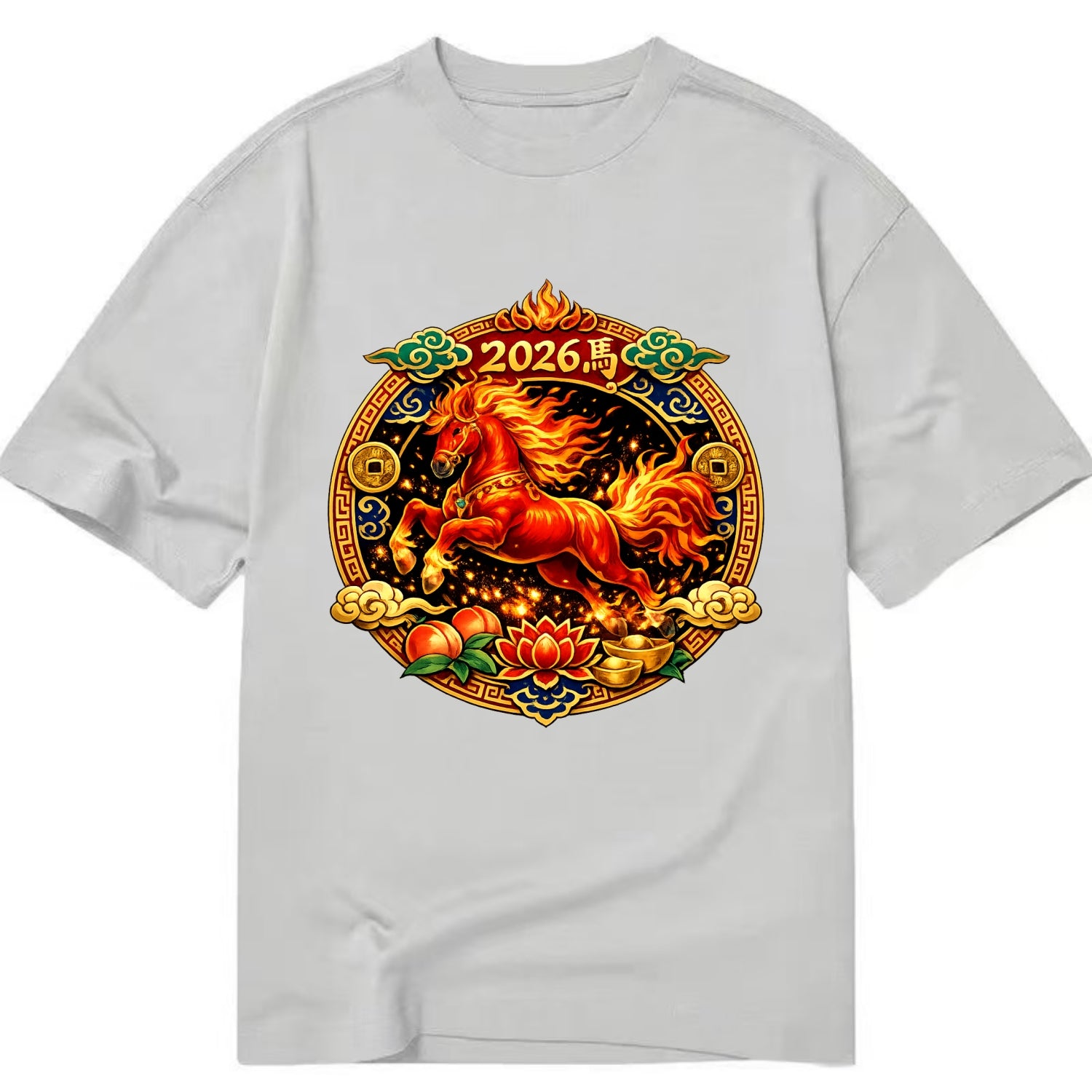 FIRE HORSE | Flaming mane and tail horse | Blazing orange and red colors | - Classic T-shirt - Grey