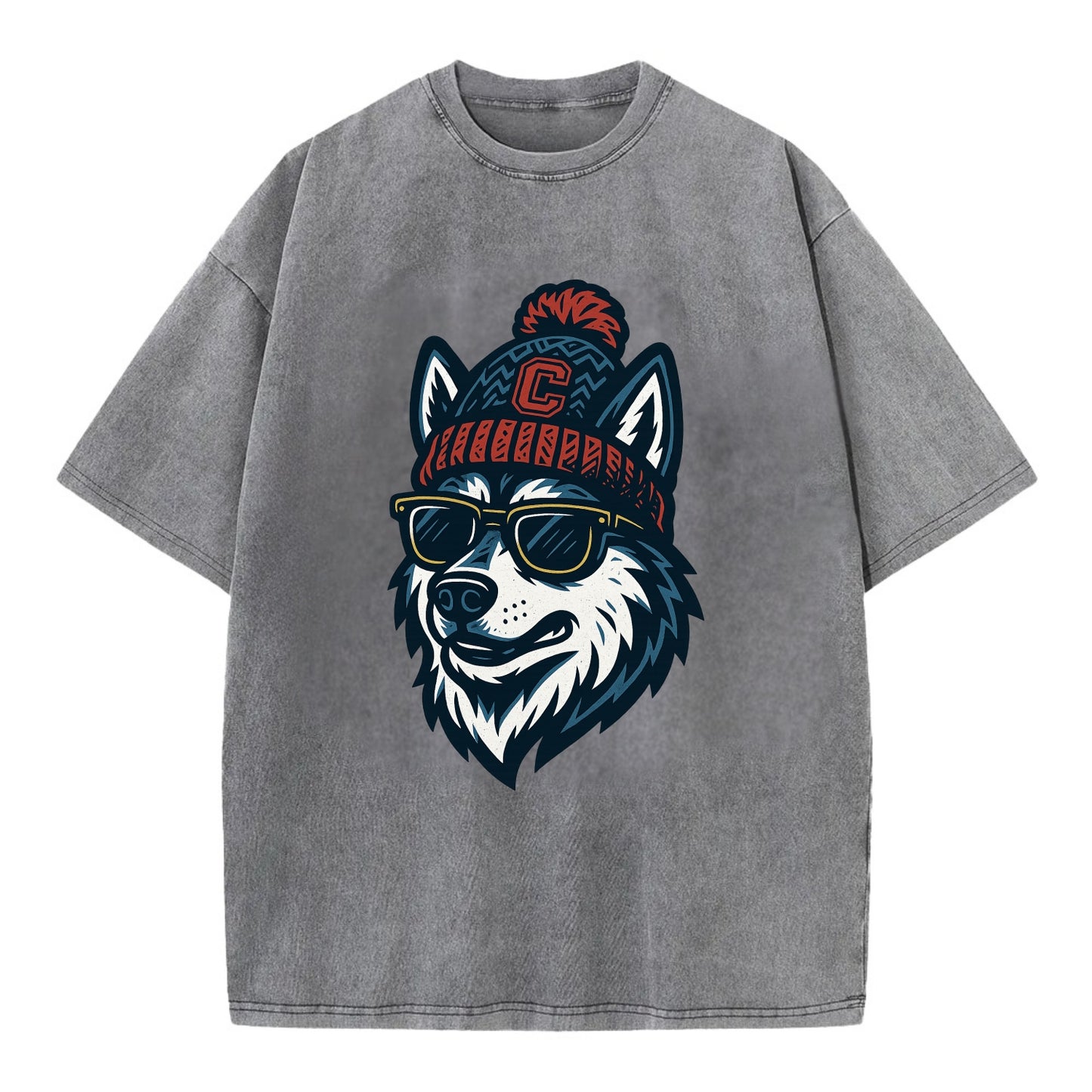 Storrs Husky wearing UConn beanie with C patch - Vintage T-shirt - Grey