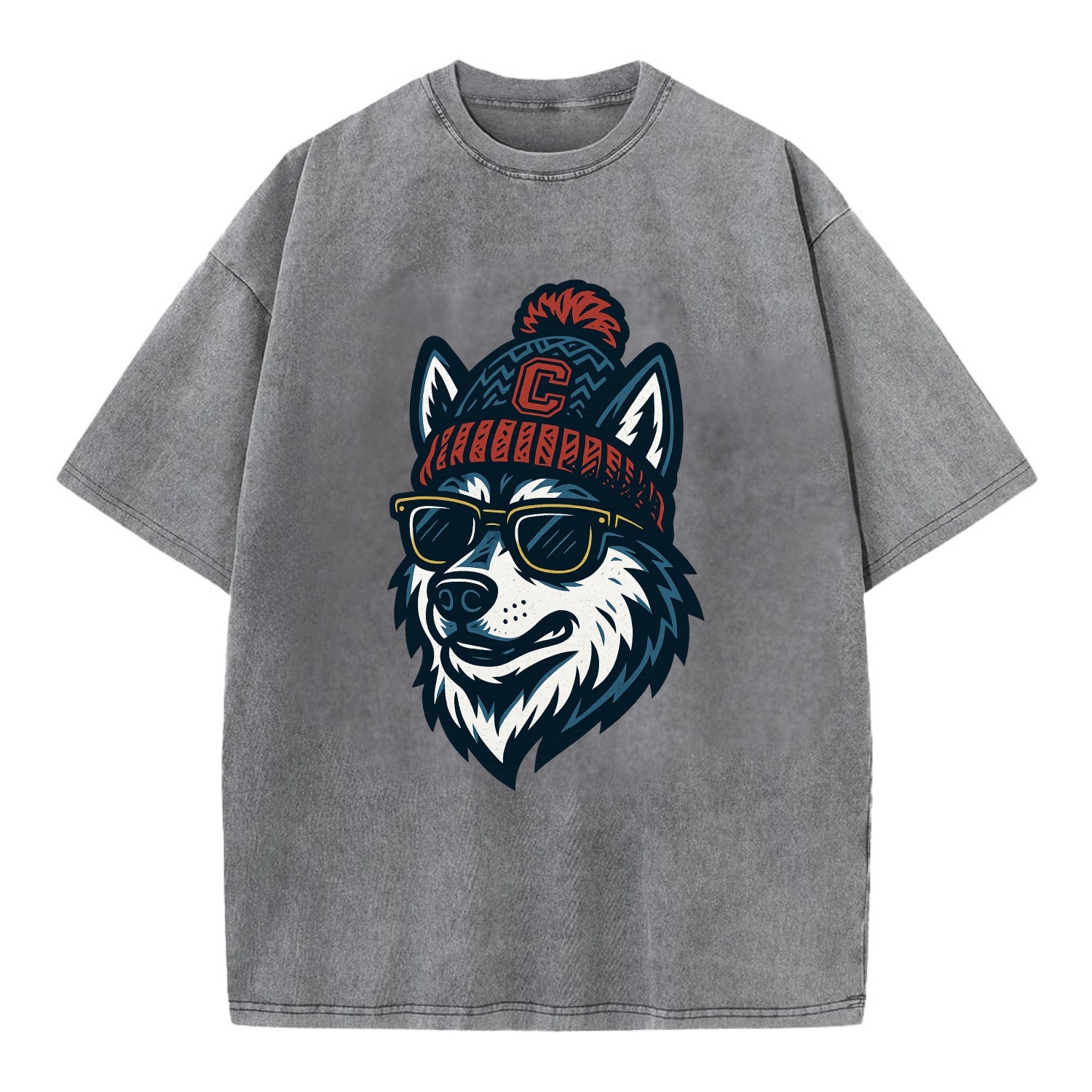 Storrs Husky wearing UConn beanie with C patch - Vintage T-shirt - Grey