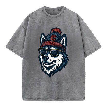 Storrs Husky wearing UConn beanie with C patch - Vintage T-shirt - Grey