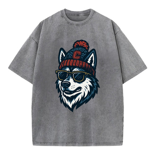 Storrs Husky wearing UConn beanie with C patch - Vintage T-shirt