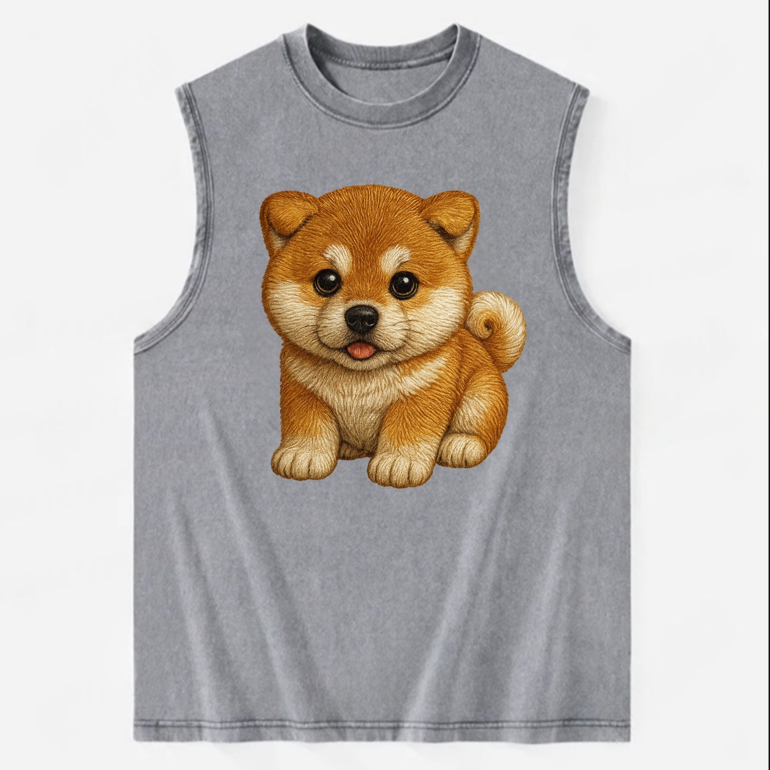 Baby Akita Puppy - fluffy bear-like, curled tail, dignified eyes, - Vintage Washed Tank - Grey