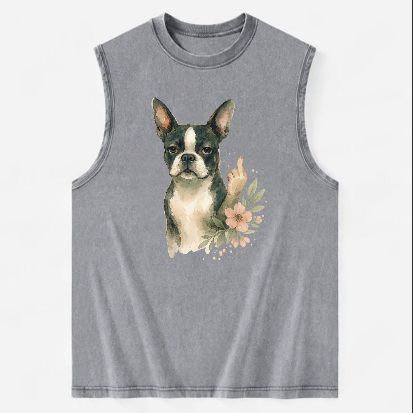 Boston Terrier with tuxedo markings, perky ears, paw up giving sass - Vintage Washed Tank - Grey