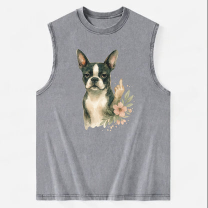 Boston Terrier with tuxedo markings, perky ears, paw up giving sass - Vintage Washed Tank - Grey