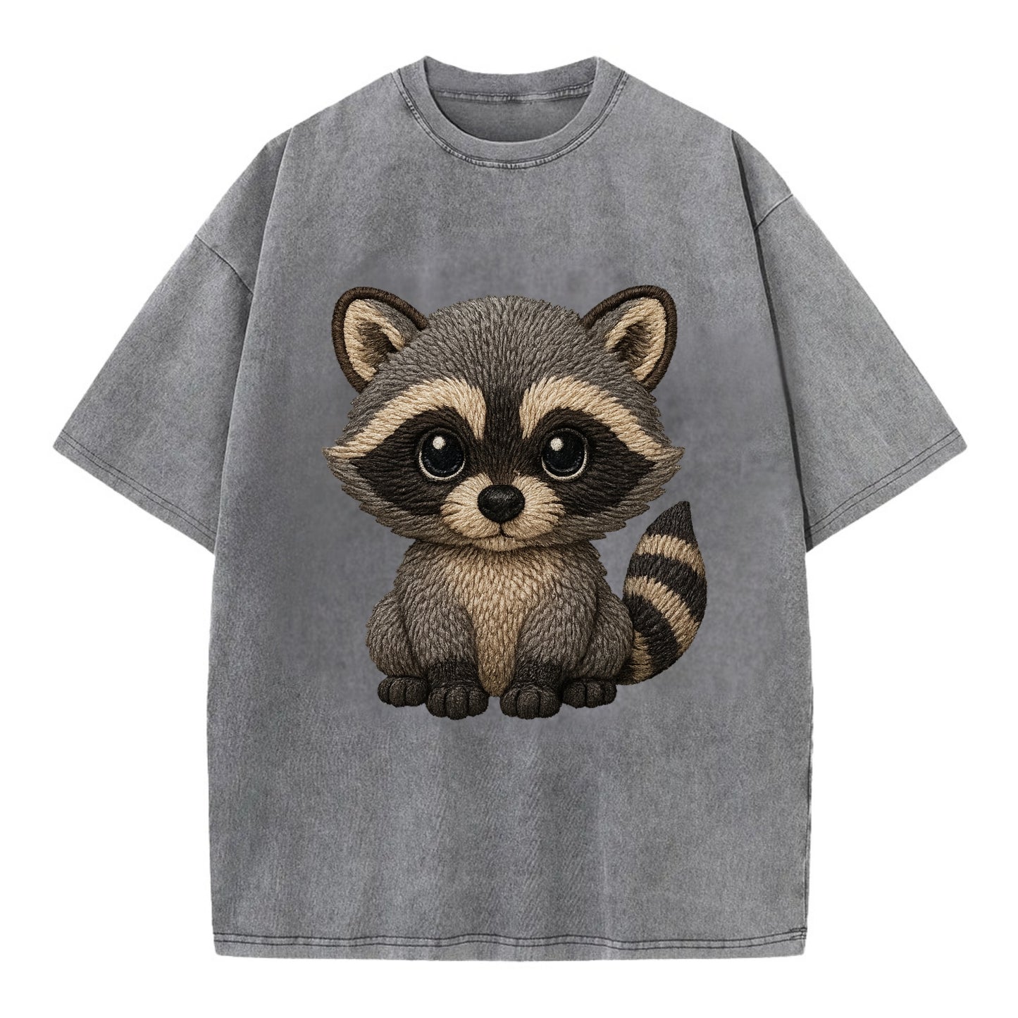 Baby Raccoon - gray fur, black mask, ringed tail, bright curious eyes, - Vintage T-shirt - Grey