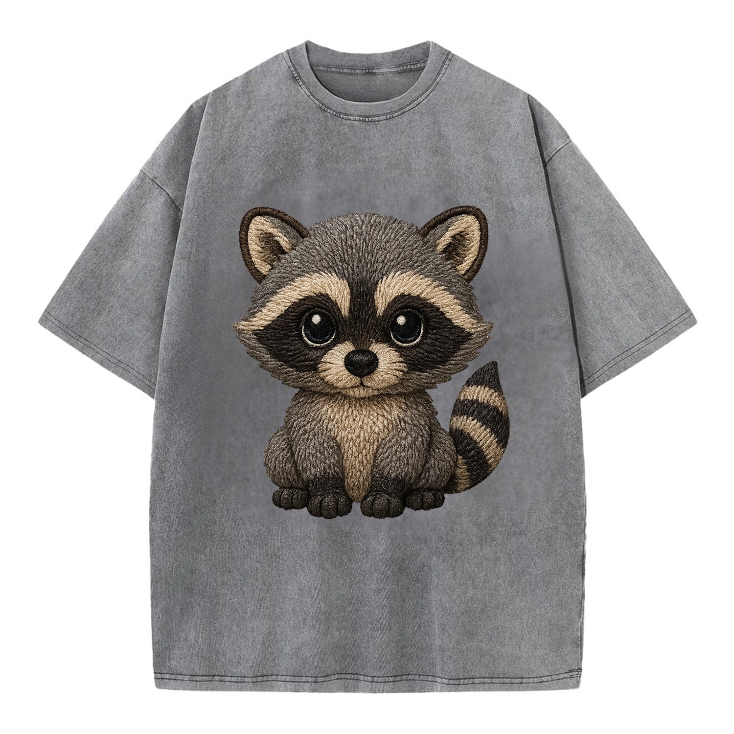 Baby Raccoon - gray fur, black mask, ringed tail, bright curious eyes, - Vintage T-shirt - Grey