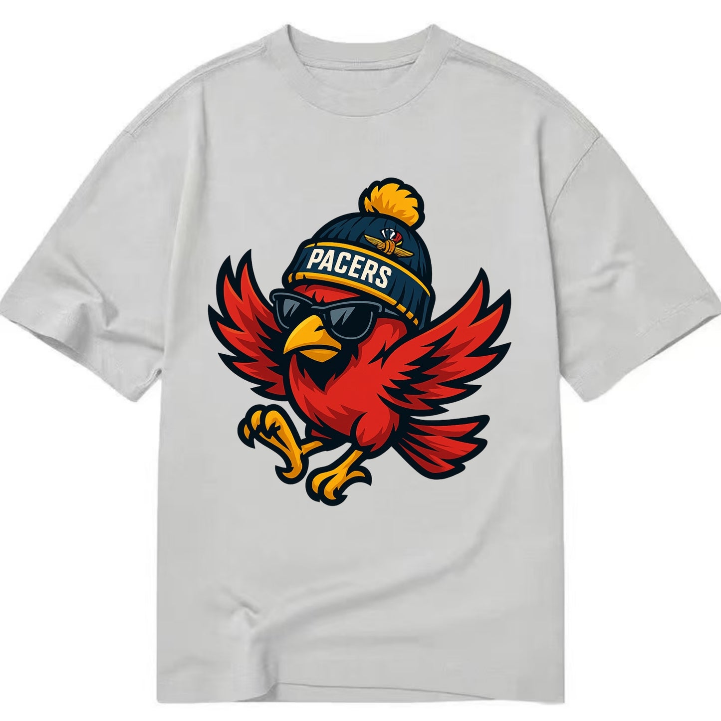 Indiana Cardinal wearing Pacers beanie with speedway patch and wayfarer sunglasses - Classic T-shirt - Grey