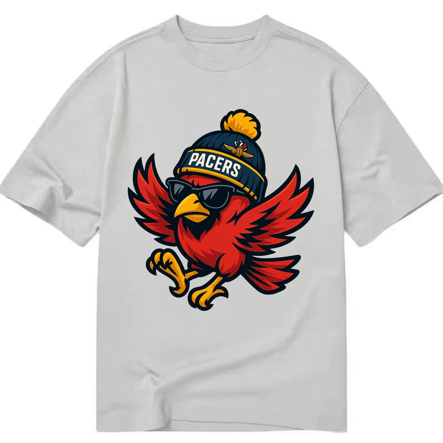 Indiana Cardinal wearing Pacers beanie with speedway patch and wayfarer sunglasses - Classic T-shirt - Grey