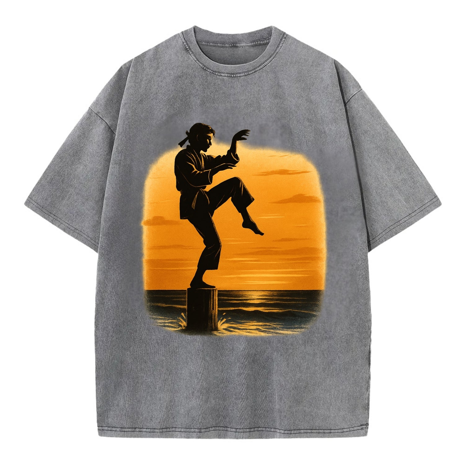 karate crane kick pose on wooden post at beach sunset - Vintage T-shirt - Grey