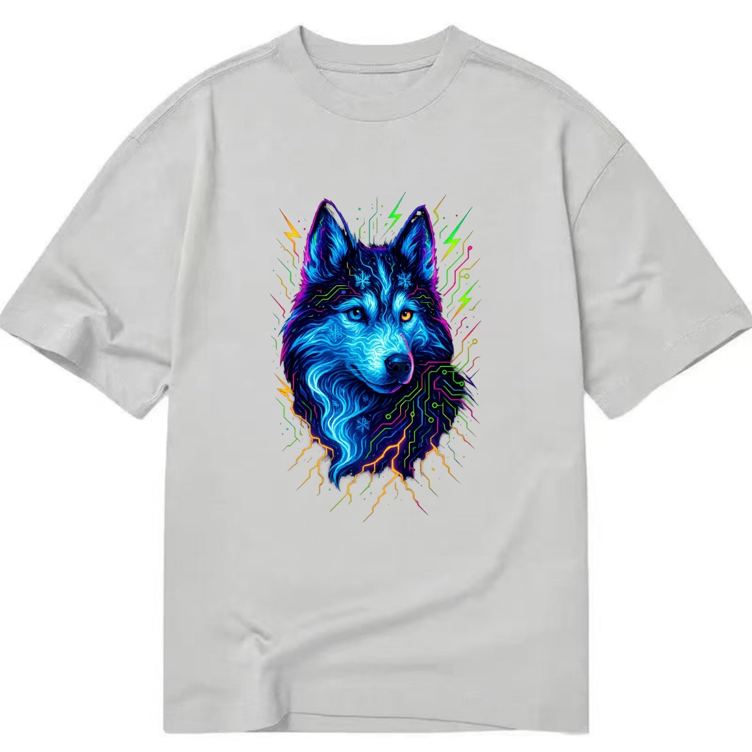 Siberian husky with ice-crystal flowing patterns, electric blue and white swirls, - Classic T-shirt - Grey