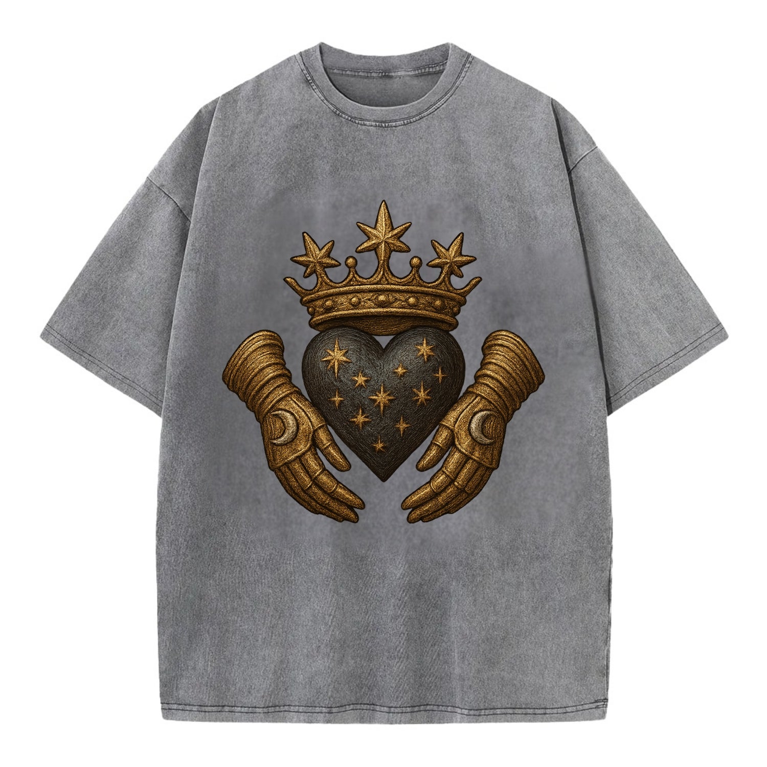 Ice crystal crown framing a frosted heart with fur-trimmed winter hands embracing - Vintage T-shirt - Grey