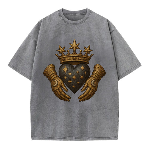 Ice crystal crown framing a frosted heart with fur-trimmed winter hands embracing - Vintage T-shirt