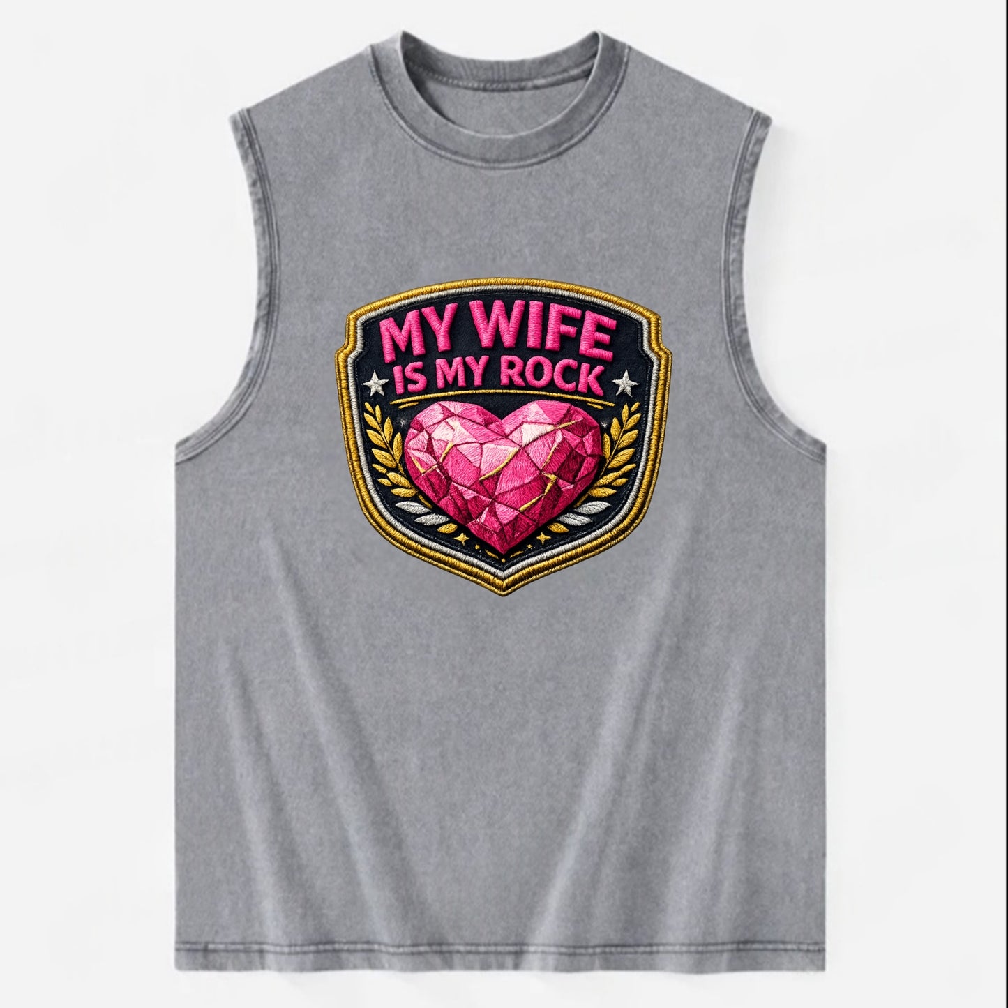 MY WIFE IS MY ROCK - pink rock heart - pink - solid wife - Vintage Washed Tank - Grey