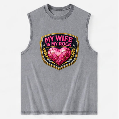 MY WIFE IS MY ROCK - pink rock heart - pink - solid wife - Vintage Washed Tank - Grey