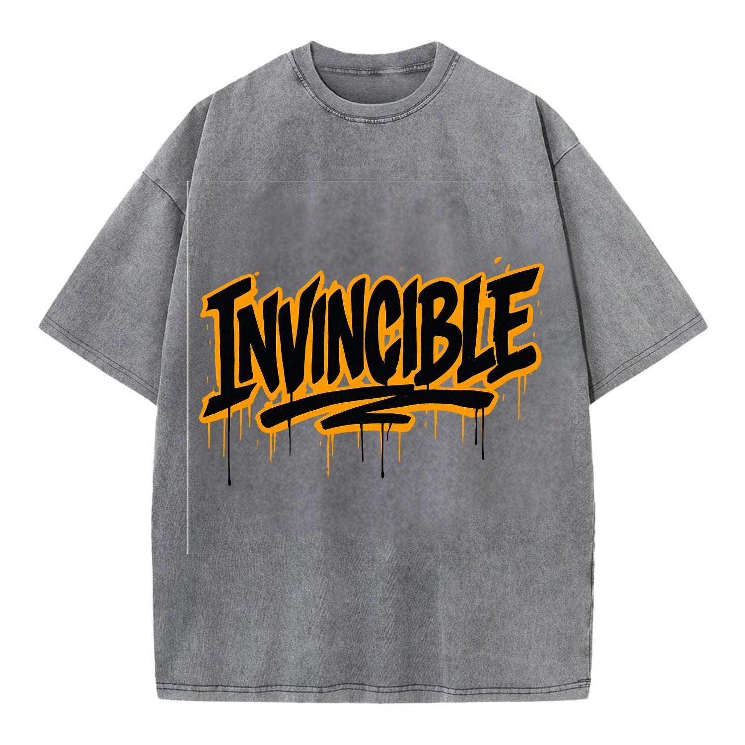 Bold typography design - "INVINCIBLE" - cannot be defeated, unconquerable - Vintage T-shirt - Grey