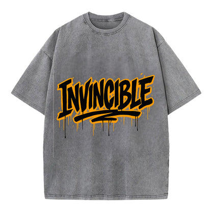 Bold typography design - "INVINCIBLE" - cannot be defeated, unconquerable - Vintage T-shirt - Grey