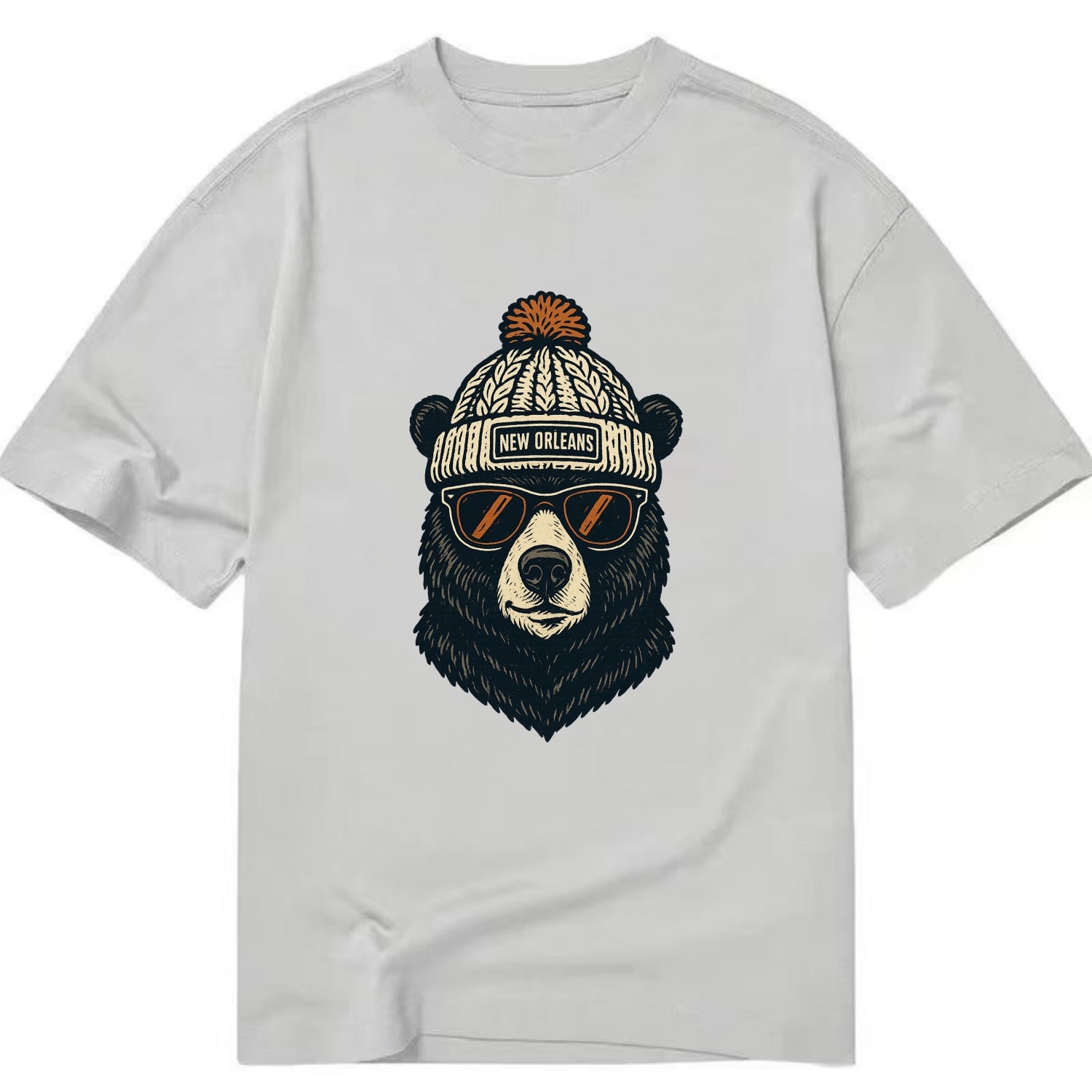 Louisiana Black Bear wearing New Orleans beanie with pom pom and wayfarer - Classic T-shirt - Grey