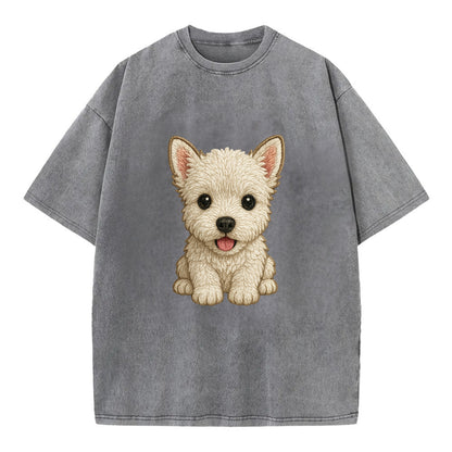 Baby West Highland White Terrier Puppy - all white, pointed ears, dark eyes, - Vintage T-shirt - Grey