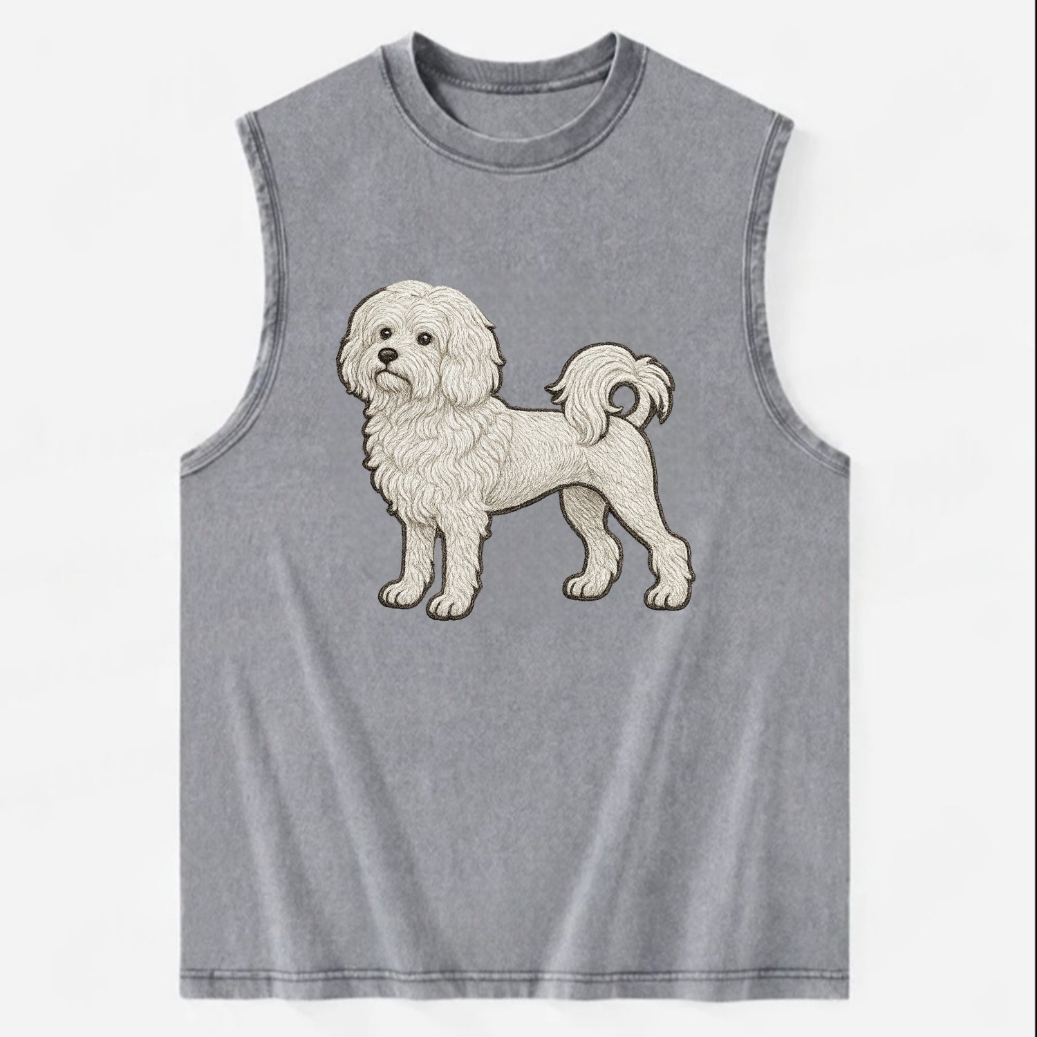 Löwchen - Little Lion Dog white embroidered pose - Vintage Washed Tank - Grey