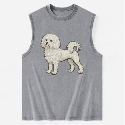 Löwchen - Little Lion Dog white embroidered pose - Vintage Washed Tank - Grey