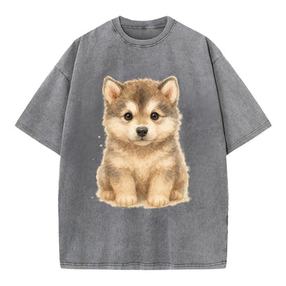 Baby Alaskan Malamute Puppy - wolf-like, fluffy coat, friendly eyes, - Vintage T-shirt - Grey