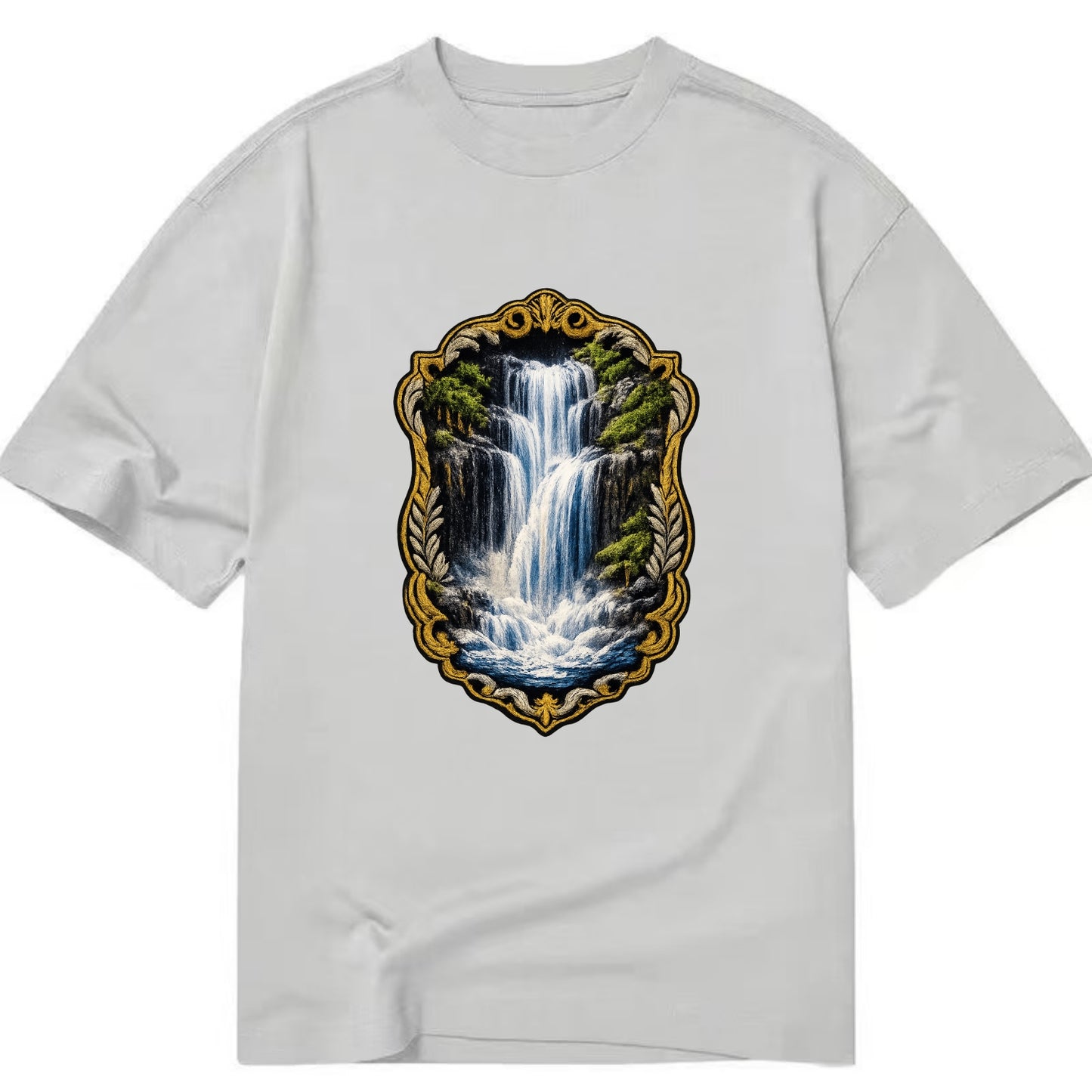 WATERFALL CASCADE - falling water with mist in blue and white , nature wonder - Classic T-shirt - Grey