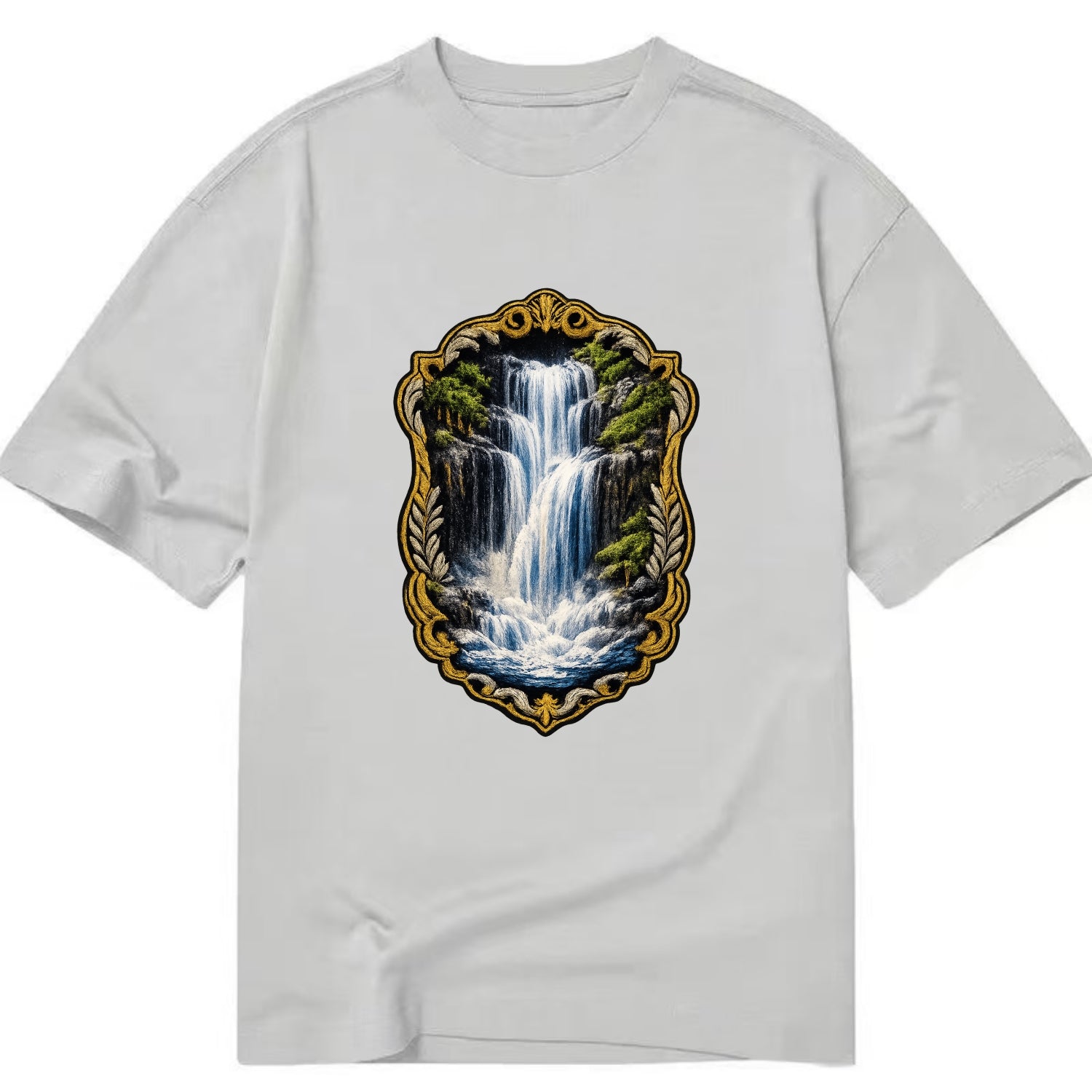 WATERFALL CASCADE - falling water with mist in blue and white , nature wonder - Classic T-shirt - Grey