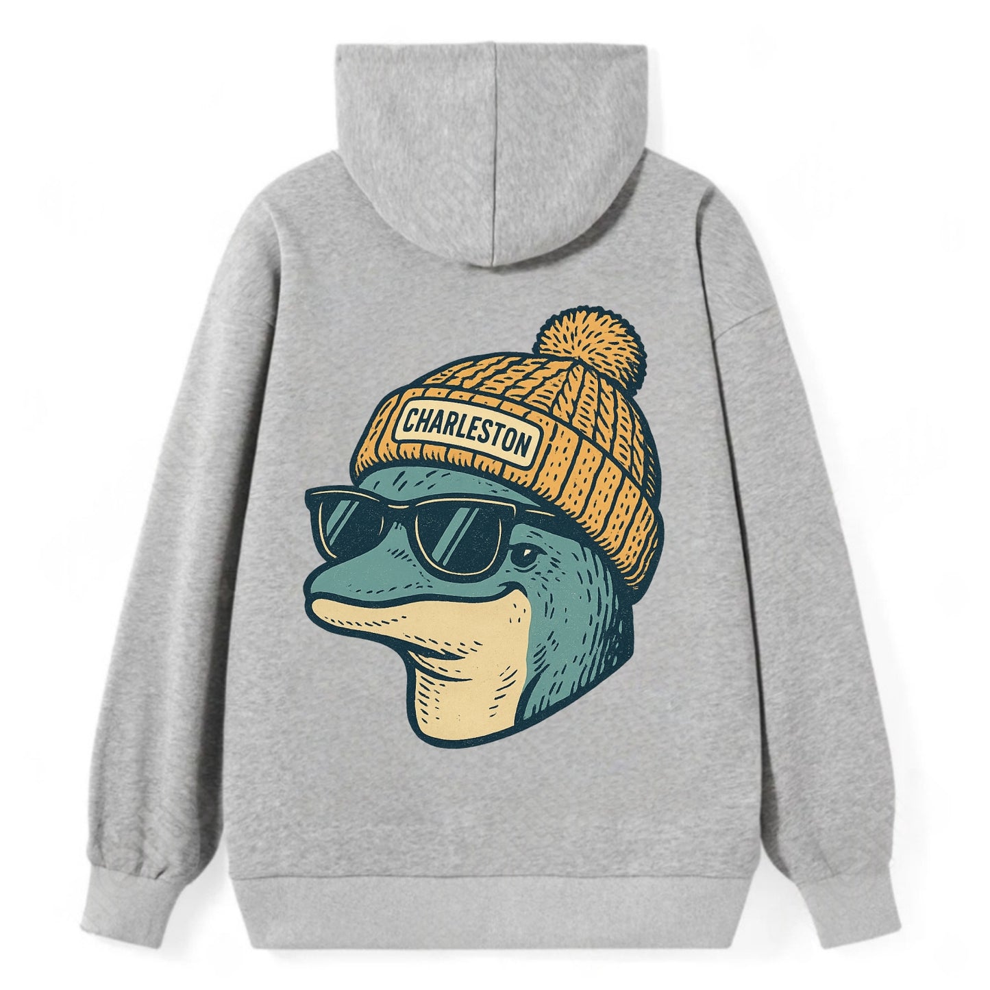 Charleston Dolphin wearing Charleston beanie with pom pom and wayfarer - Classic Pullover Hoodie - Grey