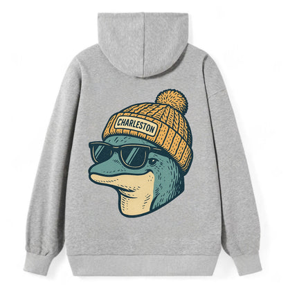 Charleston Dolphin wearing Charleston beanie with pom pom and wayfarer - Classic Pullover Hoodie - Grey
