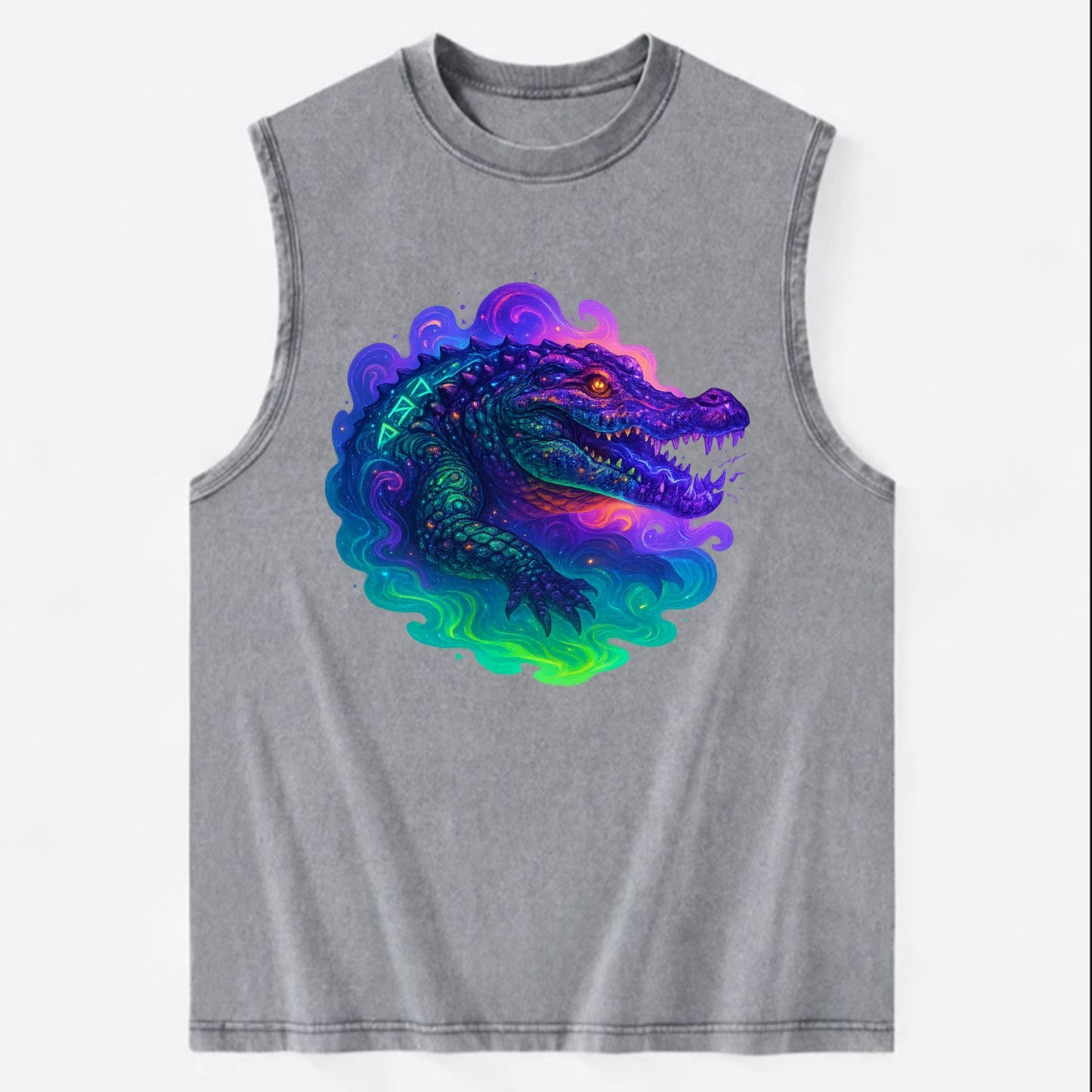 Primordial crocodile with scales pulsing plasma energy in green and purple, - Vintage Washed Tank - Grey