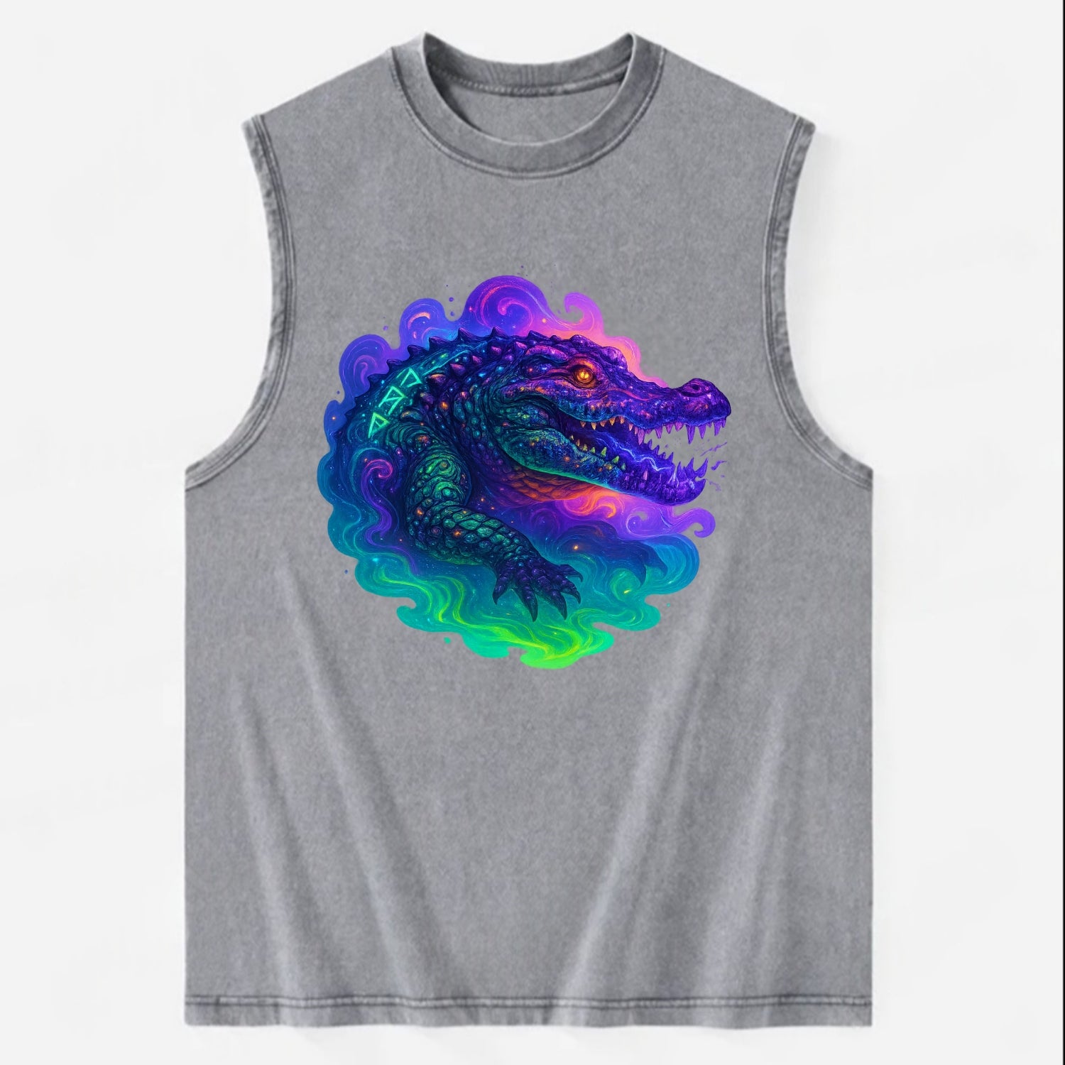 Primordial crocodile with scales pulsing plasma energy in green and purple, - Vintage Washed Tank - Grey
