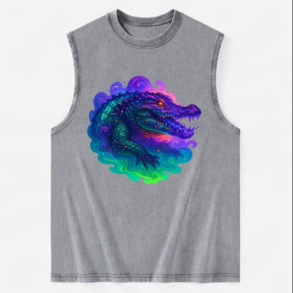 Primordial crocodile with scales pulsing plasma energy in green and purple, - Vintage Washed Tank - Grey