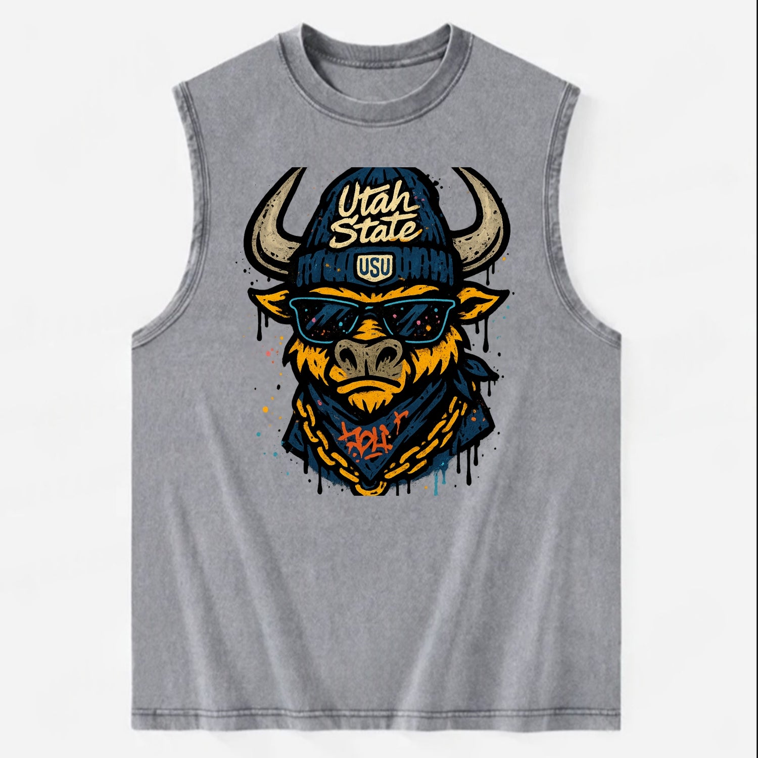 Logan Aggie wearing Utah State beanie with USU patch - Vintage Washed Tank - Grey