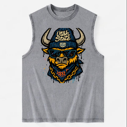 Logan Aggie wearing Utah State beanie with USU patch - Vintage Washed Tank - Grey