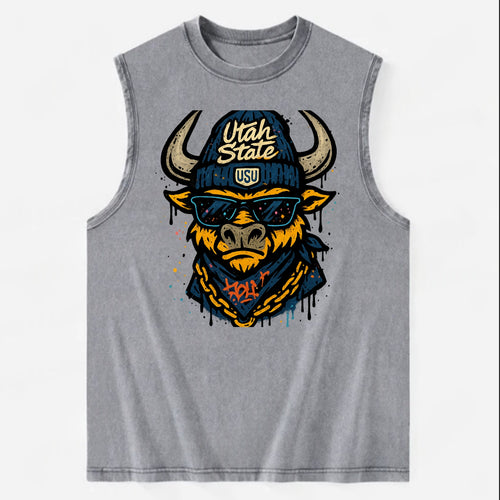 Logan Aggie wearing Utah State beanie with USU patch - Vintage Washed Tank