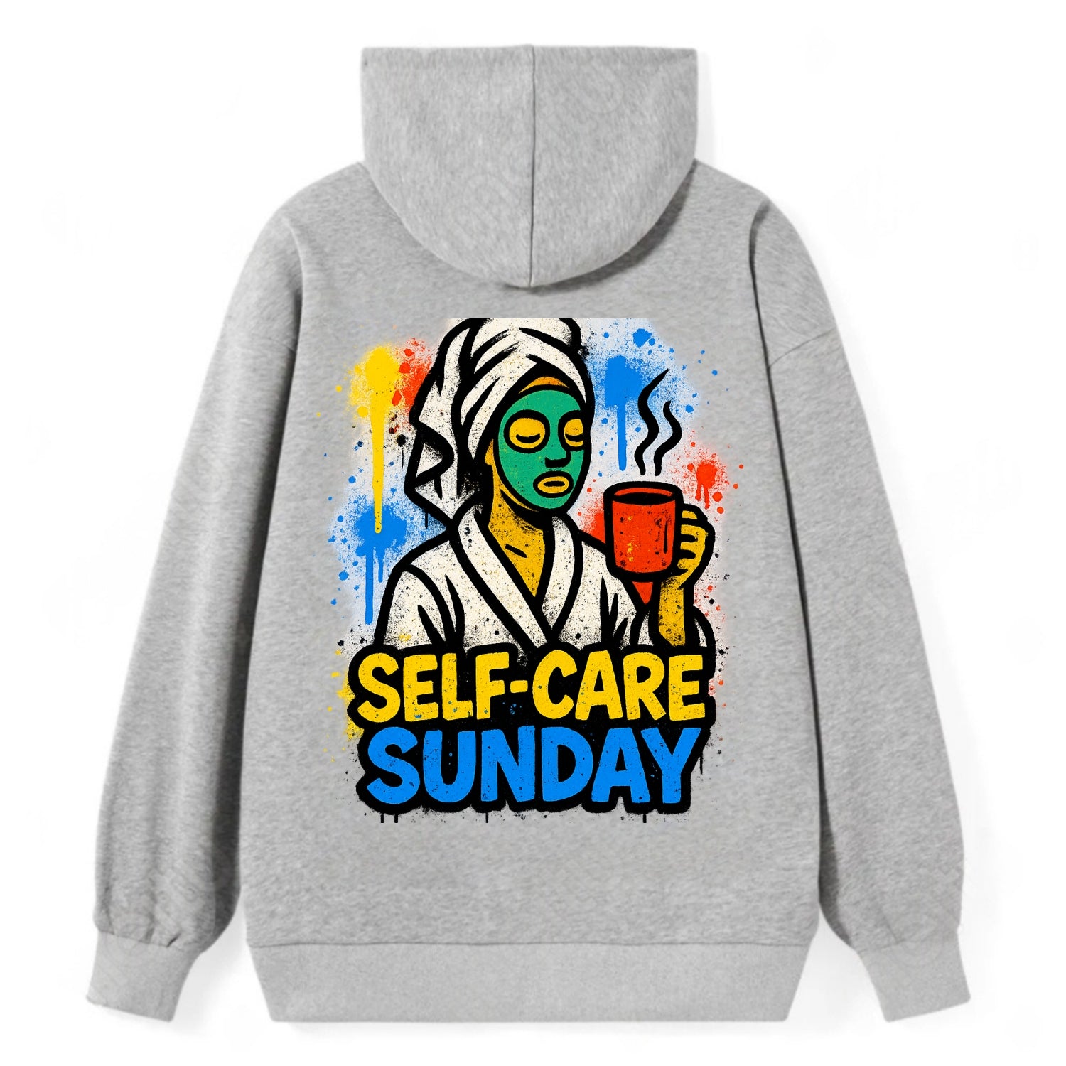 Person in bathrobe with face mask and tea - self-care Sunday ritual, - Classic Pullover Hoodie - Grey