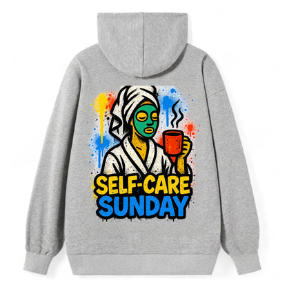 Person in bathrobe with face mask and tea - self-care Sunday ritual, - Classic Pullover Hoodie - Grey