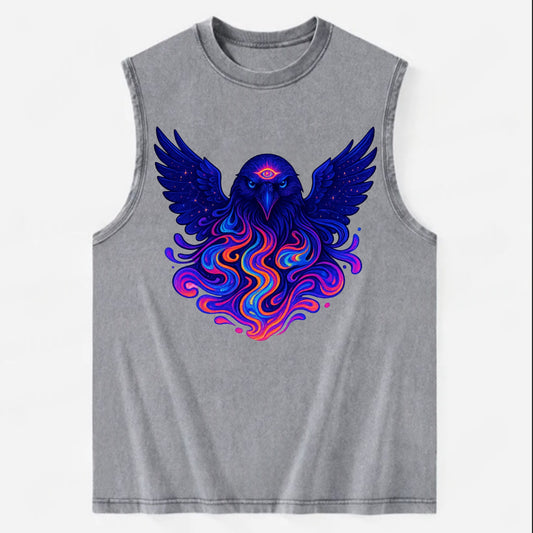 Mysterious raven with feathers showing future visions in neon colors, wings - Vintage Washed Tank - Grey
