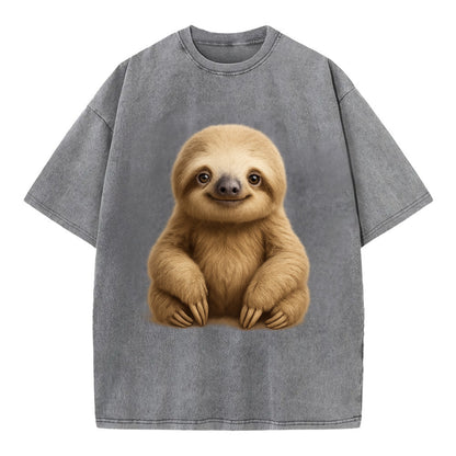 Baby Sloth - tan fur, long arms, peaceful smile, gentle eyes, front-facing, zen - Vintage T-shirt - Grey