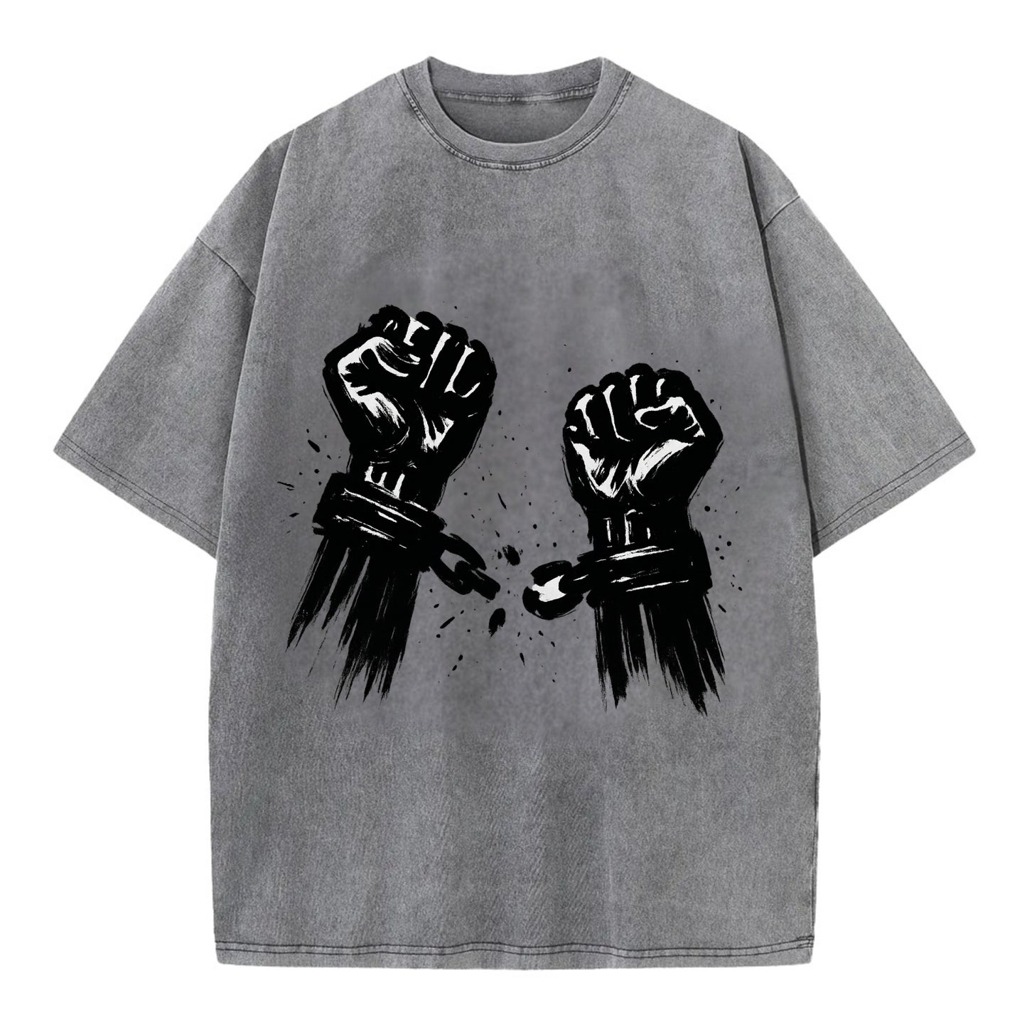 Two raised fists breaking chains - liberation and freedom ink painting - Vintage T-shirt - Grey