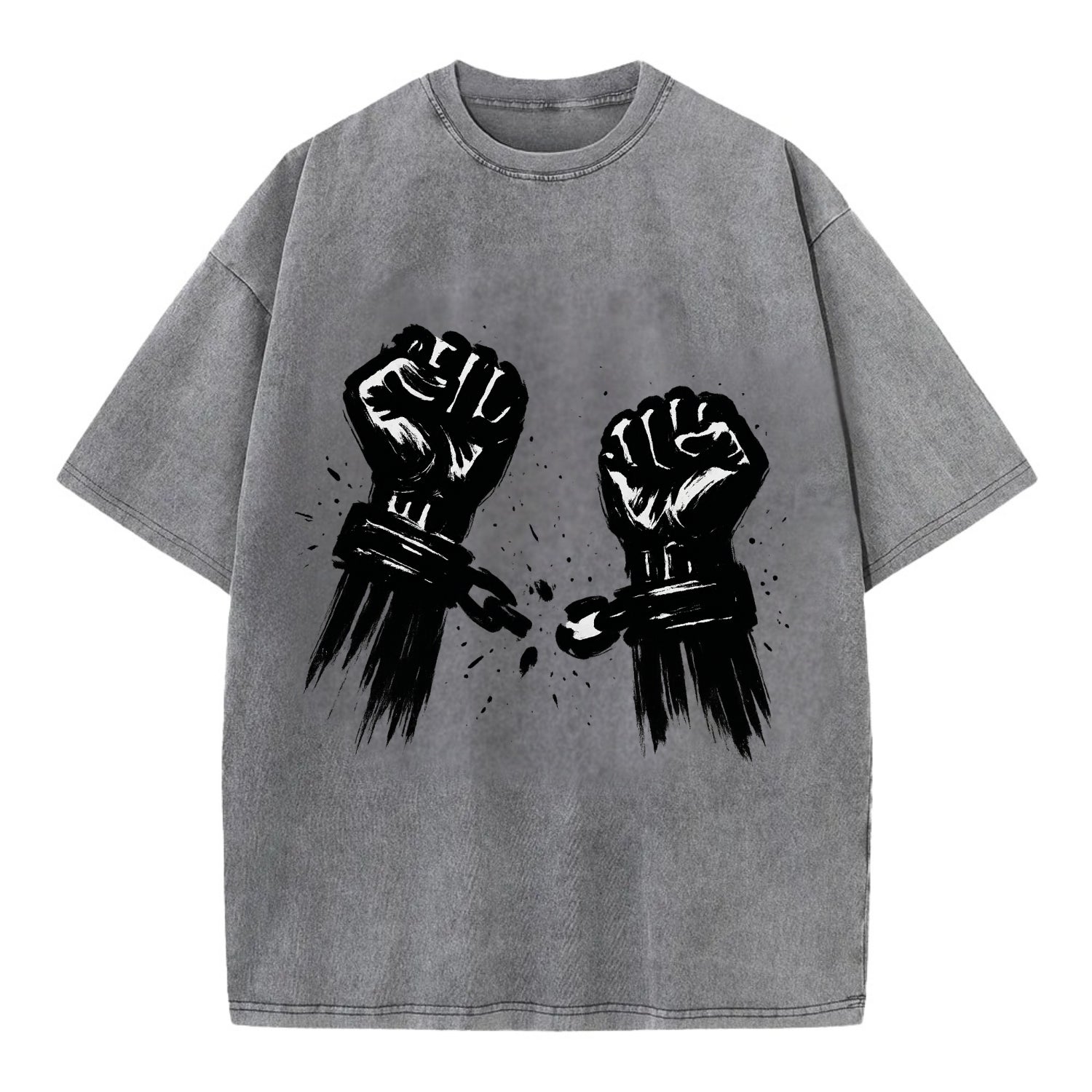 Two raised fists breaking chains - liberation and freedom ink painting - Vintage T-shirt - Grey