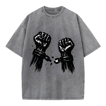 Two raised fists breaking chains - liberation and freedom ink painting - Vintage T-shirt - Grey