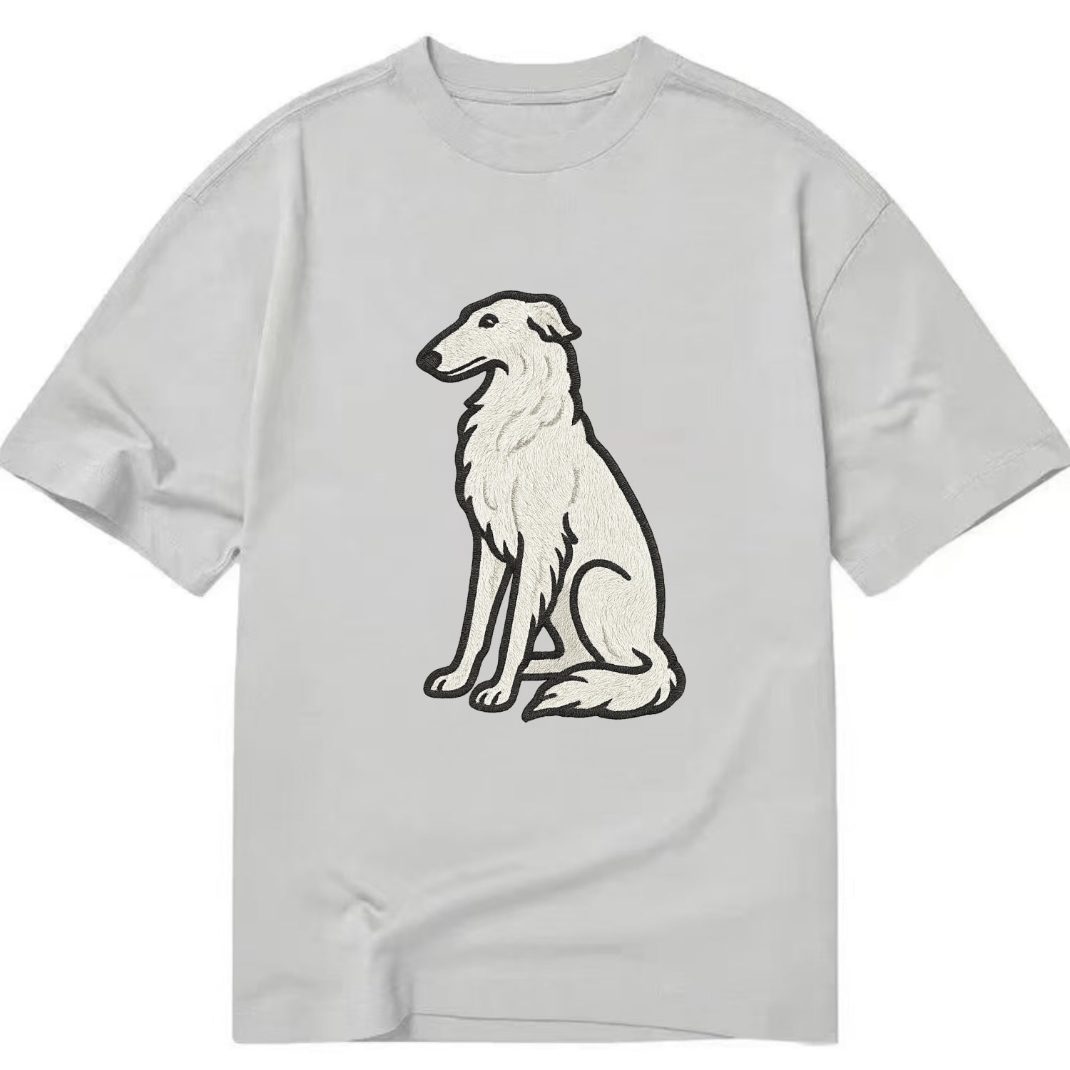 Borzoi - White embroidered sitting pose - Classic T-shirt - Grey