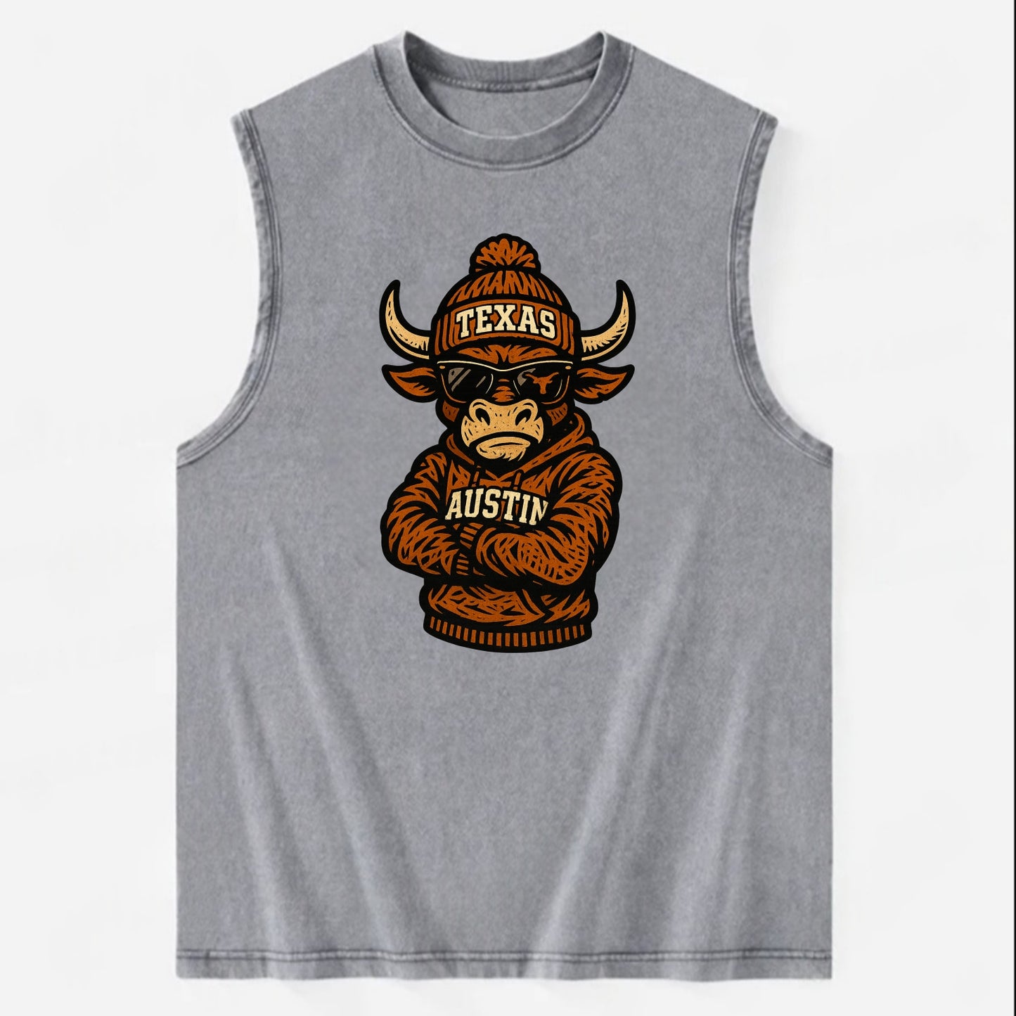 Austin Bevo wearing Texas beanie with longhorn patch - Vintage Washed Tank - Grey