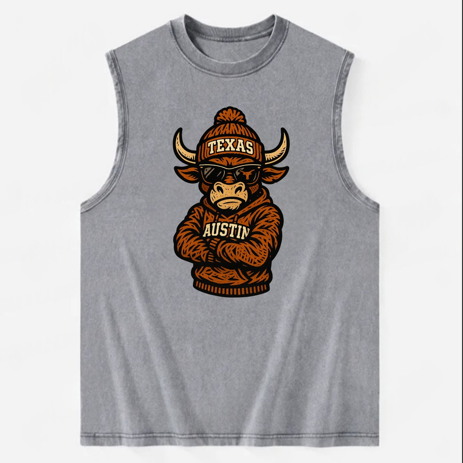 Austin Bevo wearing Texas beanie with longhorn patch - Vintage Washed Tank - Grey